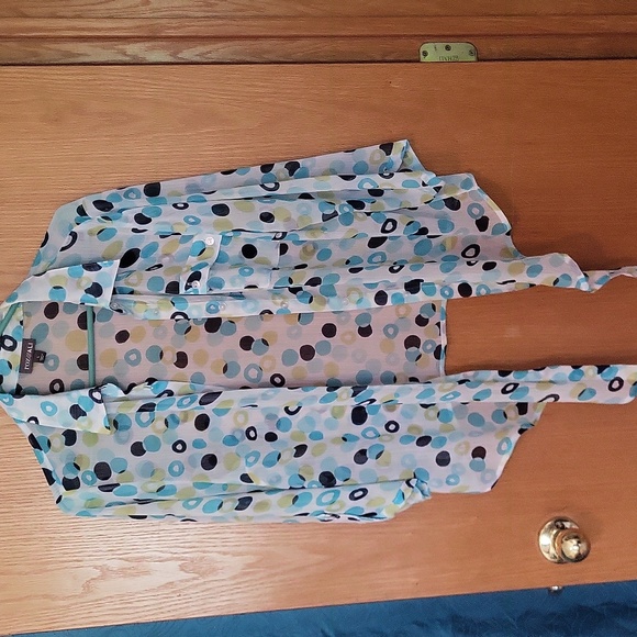 Button down tie front blouse 3/4 sleeves button strap,or not. Navy,aqua lime dot - Picture 2 of 8